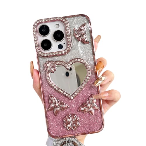 UMICASE for iPhone Case,Luxury Butterfly Glitter Diamond 3D Heart Shaped Ladies and Girl Make Up Mirror Cute Lipstick Mirror Soft Silicone Shock Proof