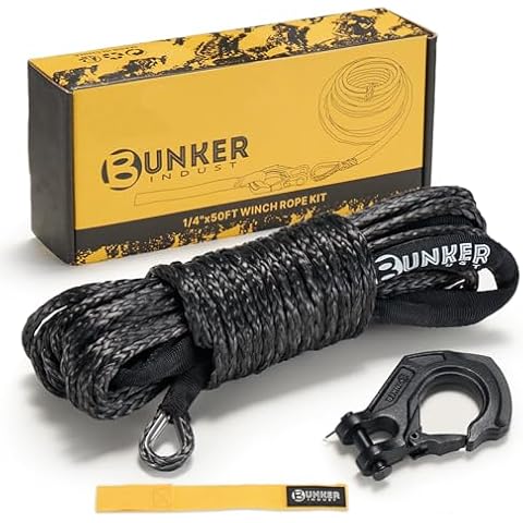 BUNKER INDUST 1/4" x 50' Synthetic Winch Rope Kit,11023LBS Winch Line with Protective Sleeve + Forged Winch Hook + Strap, Nylon Winch Cable Replacement for 3500-6000LBS Winch Off-Road ATV UTV Cover
