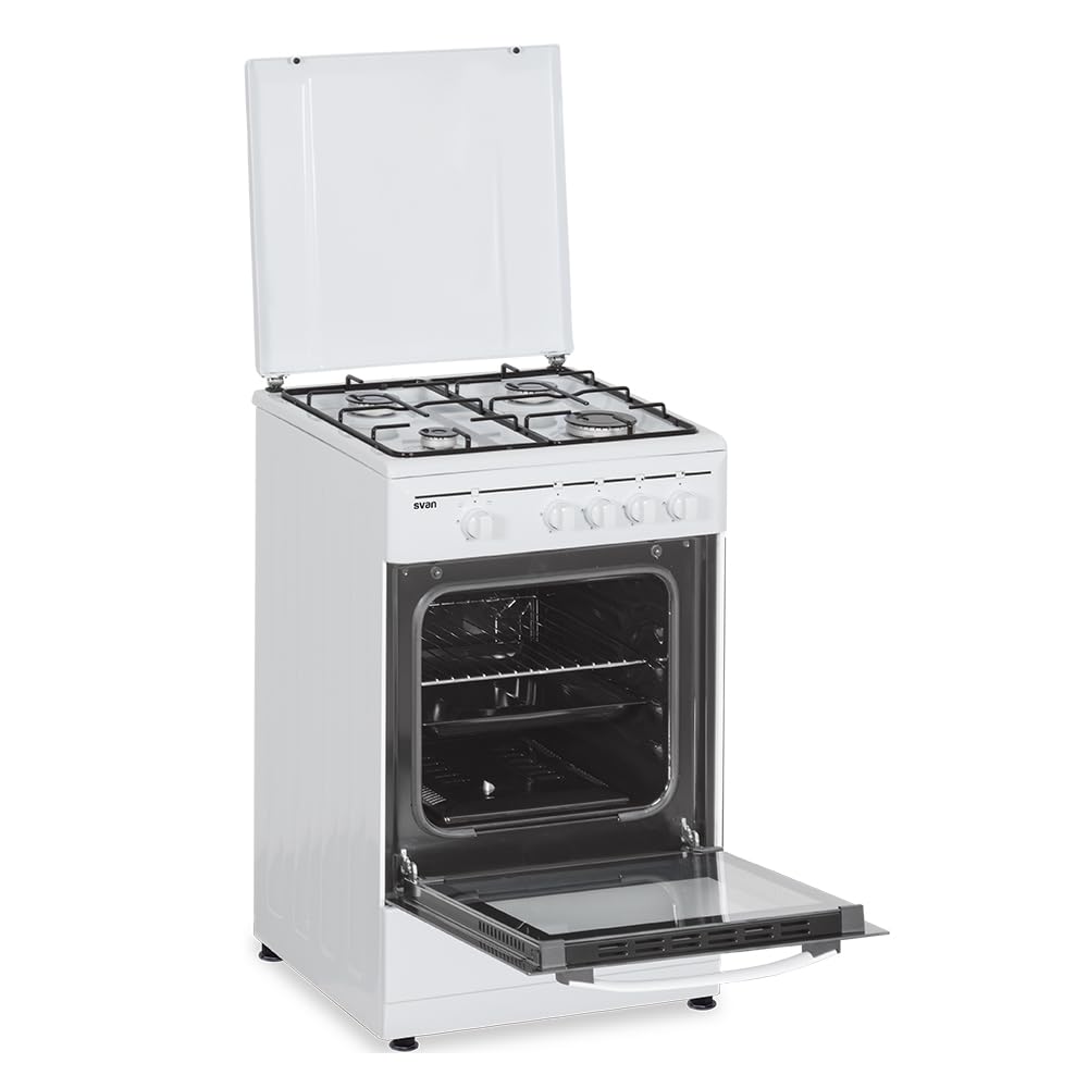 Svan Cocina de Butano con Horno con Grill 55 L SKG4500TM - 4 Zonas de Cocinado, Kit Conversión Gas Natural, Acabado en Esmalte Blanco