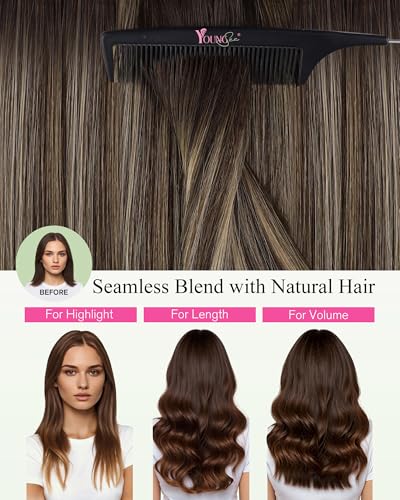 Image of YoungSee Hair Extensions Tape in Dark Brown, Human Hair Tape in Extensions, Balayage Dark Brown Ombre Caramel Blonde Tape Hair Extension, for Natural Looking, 18 Inch 20pcs 50g