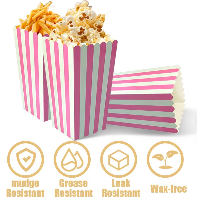 Image of 60 Pcs Paper Pink Popcorn Boxes, Pink Popcorn Bags with White Striped, Popcorn Boxes for Party, Popcorn Holders for Party Birthday Favor Supplies