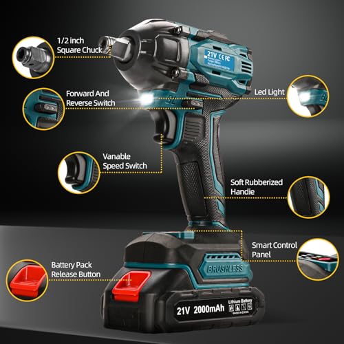 300N.m Cordless Impact Wrench, 21V Torque Power Impact Driver, 1/2" Brushless Impact Gun with 2*2.0Ah Batteries with 19 Accessories, Electric Impact Motor Variable Speeds for home installation (Blue) - Image 3