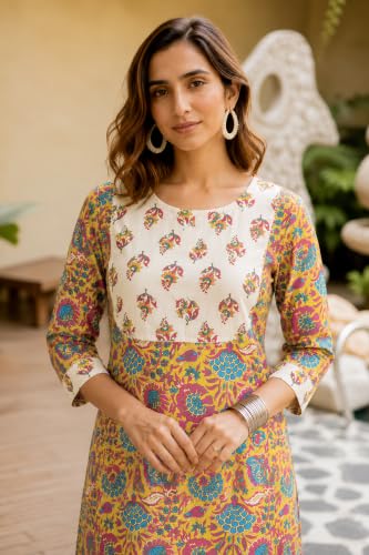 Image of MIRCHI FASHION Women's Straight Fit Pure Cotton Embellished Floral Printed Kurta Set with Dupatta and Trouser