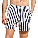 [SUNDAY ROSE] 海パン メンズ 水着 サーフパンツ ボードショーツ スイムパンツ 水陸両用 速乾 短パン スポーツ 夏 旅行 ショートパンツ インナー付き 海水浴 M ホワイトダークブルー縦縞