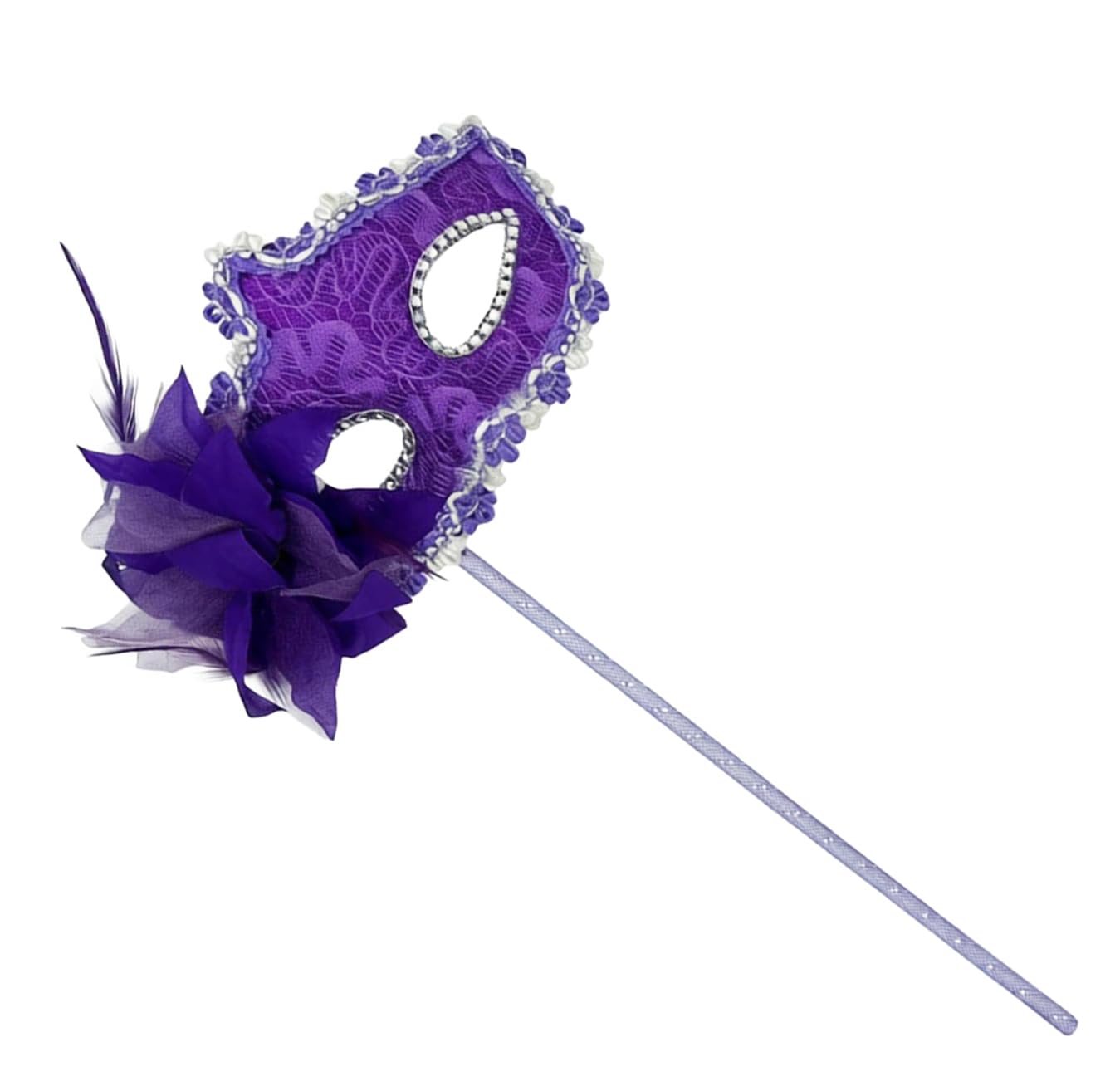Women's Masquerade Masks Side Feather Flower Petal Hand Held Lace Mask with Stick,(Light Purple) โ image 1