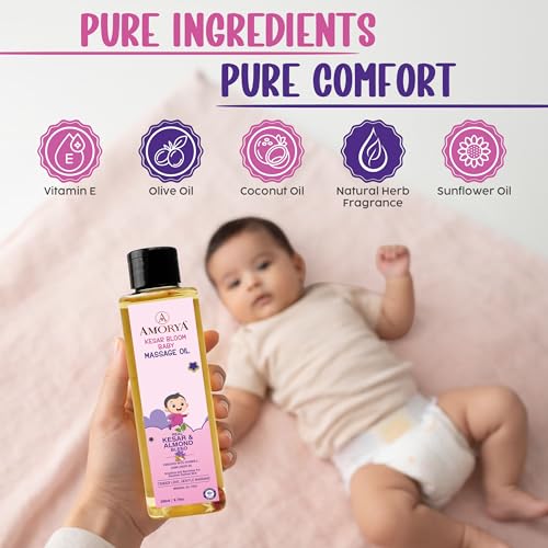 Image of Kesar Bloom Baby Massage Oil | Kesar & Almond Blend | With Vitamin E & Sunflower Oil | Nourishes & Enhances Natural Glow | Mineral Oil Free | 200ml (6.76oz) | IFRA Certified