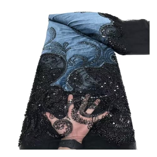 Tissu en dentelle à paillettes bleu de 5 yards brodé de perles pour robe de mariée