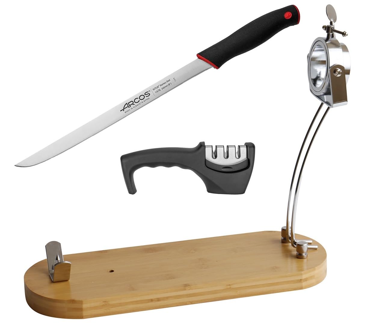 BlendNature Support à Jambon Professionnel Pivotant Avec Position 100 % Verticale + Couvre Jambon + Couteau De Coupe Et Fusil