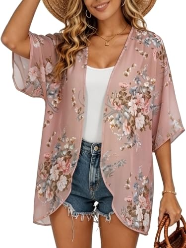 Image of FINOCEANS Womens Floral Chiffon Kimono Cardigans Loose Beach Cover Up Half Sleeve Tops