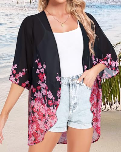 Image of Women Kimono Cardigans Casual Summer Tops Cover up Open Front Floral Print Resort Wear 2026