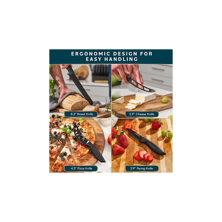 Home Hero Kitchen Knife Set with Sharpener - High Carbon Stainless Steel Knife Block Set with Ergonomic Handles (20 Pcs - Black)