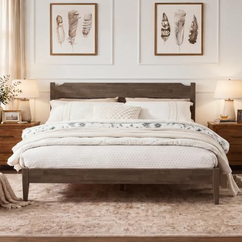 Image of Softa Venso King Solid Wood Bed Frame with Headboard, 1100 Lbs Heavy Duty Rubberwood Platform Bed, 15-Min Tool-Free Assembly, Quiet Stable Support, Japanese Japandi Design, No Box Spring Needed