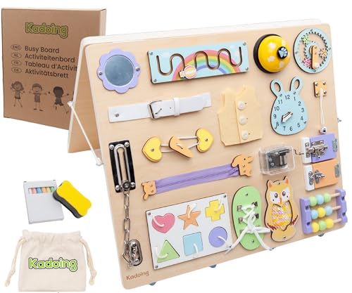 Kadoing Lavagna attività Montessori XL, doppia targa in legno con 18 elementi educativi, lavagna e sacchetto giocattolo, sviluppo motoristico per bambini e bambini in età prescolare