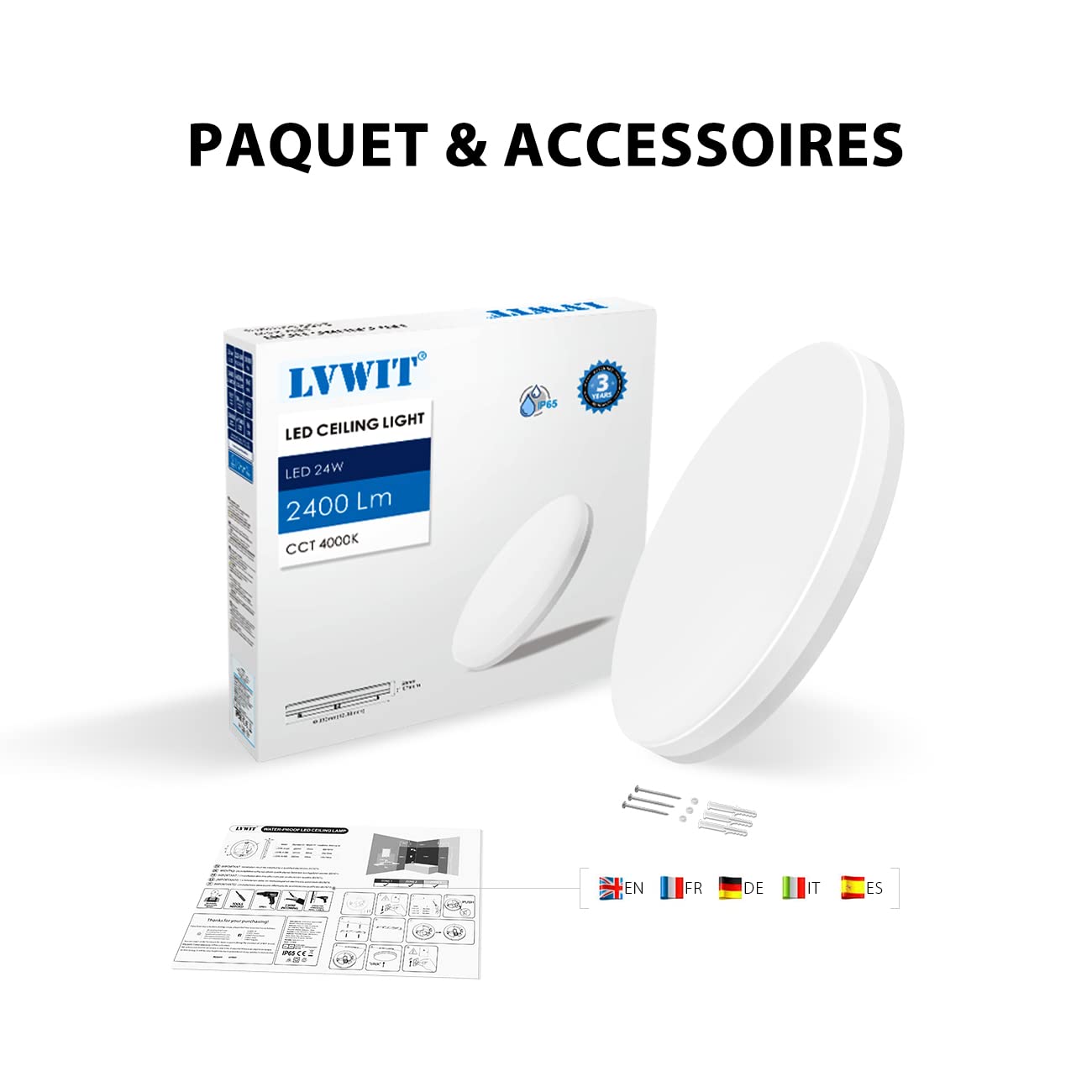 LVWIT 24W Plafonnier LED Rond, Lampe de plafond Imperméable IP65, Parfait pour salle de bain, cuisine, chambre, 2400 Lm, Ultra mince,