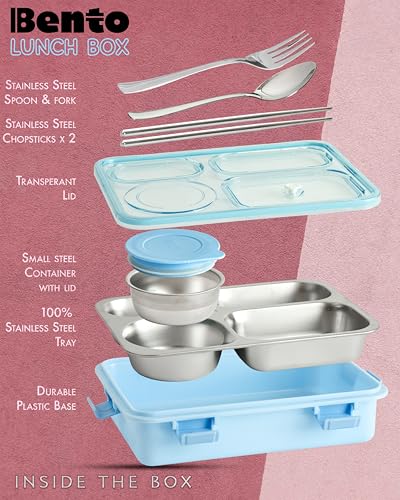 Image of Brand Conquer Lunch Box Leak-Proof BPA Free Stainless Steel for School, Lunch Box for School & Office with a Fork, a Spoon and a Pair of Chopsticks (Classic Blue, 4 Compartment)