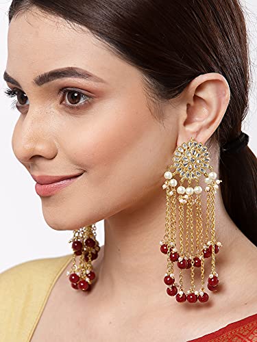 Image of Karatcart Kundan Tassel Earrings for Women (Pink and Green Beads)