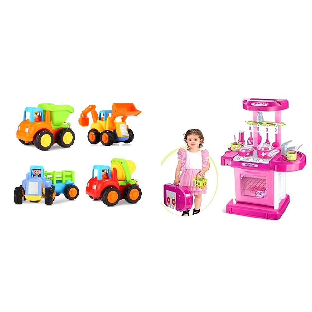 Popsugar Happy Engineering Vehicles Including Tractor / Bulldozer / Dumper / Cement Mixer & Popsugar Kitchen Set with Light and Sound (Pink,TH008-58) Combo