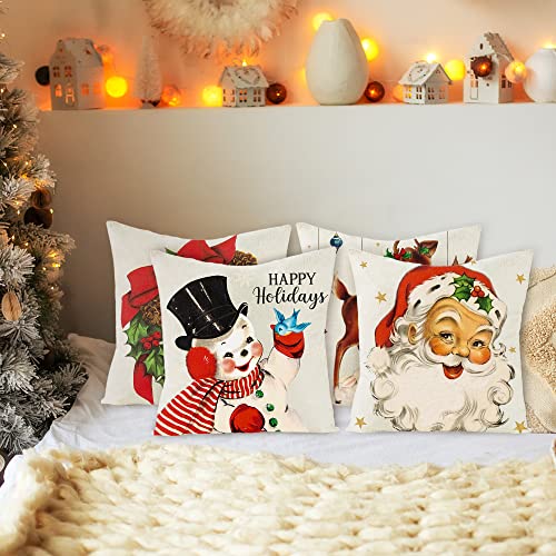 K1Tpde 4Pcs Vintage Christmas Pillow Covers, 18X18 In Set Of 4 Cushion Pillow Covers For Home Decorations, Retro Christmas Linen Throw Pillow Covers For Sofa, Holiday Decorative Cushion Pillowcase #TOP4