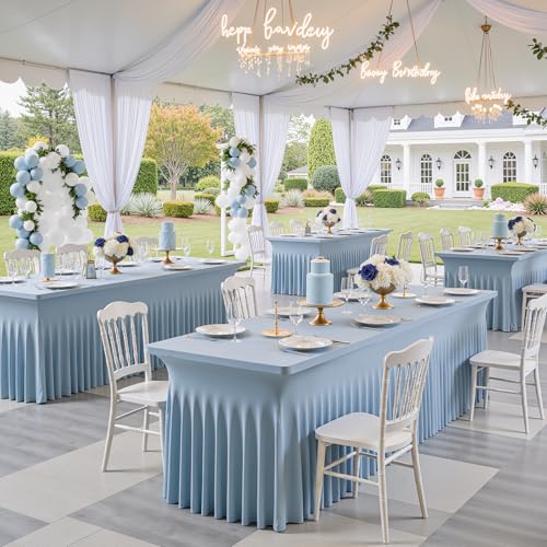 Image of Outpain Dusty Blue Spandex Table Clothes for 6 Foot Rectangle Tables-2Pack 6FT Spandex Fitted Table Cover, Wrinkle Free Tablecloths with Skirt for Parties, Wedding, Birthday, Banquet, Festival