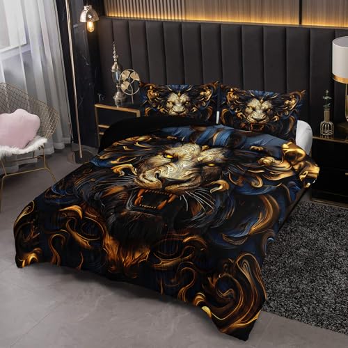 Image of Black and Gold Lion Comforter Set Queen Bed Set,Lion Animal Print Bedding Queen Size,with 1 Comforter with 2 Pillow Case,Animal Themed Bedroom Decor