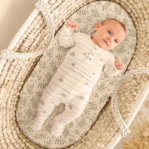 Image of lulumoon Baby Muslin Bassinet Sheets: Skin-Friendly Leaf Bassinet Sheets for Boys - Fitted for Oval Rectangle or Hourglass Mattress