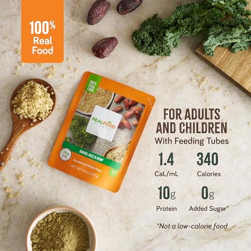 Image of REAL FOOD BLENDS Quinoa, Kale & Hemp, Pureed Food Meal for Tube Feeding, 10g Protein, 23 Vitamins and Minerals, 9.4 oz (12 Pack)