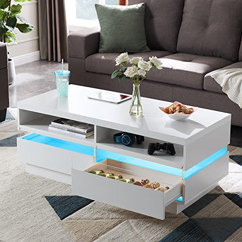 T4TREAM 48" LED Coffee Table with Storage, Modern Center Table with LED Lights & Power Strip, Coffee Table with Drawers for Living Room, Easy Assembly, Solid White T4TREAM 48" LED Coffee Table with Storage, Modern Center Table with LED Lights & Power Strip, Coffee Table with Drawers for Living Room, Easy Assembly, Solid White