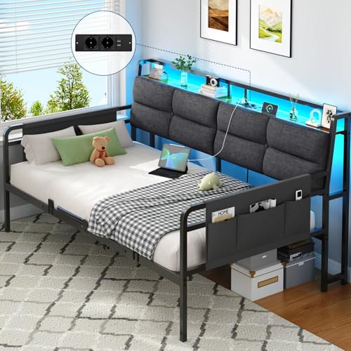 Brinlawb Schlafsofa, Tagesbett 90x200 cm mit LED Beleuchtung und Ladestation (2 AC-Steckdosen, 2 USB-Anschlüsse) Einzelbett Jugendbett 90x200 cm Gästebett für Wohnzimmer, Schlafzimmer, ohne Matratze