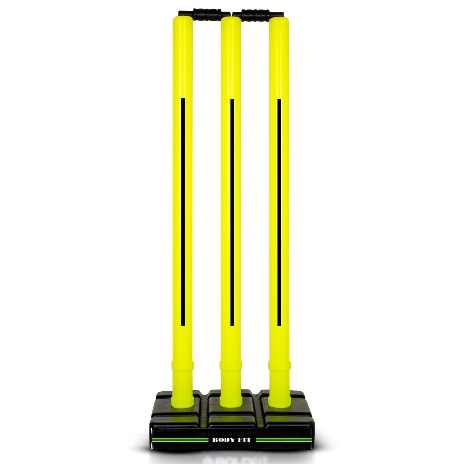 Bodyfit Heavy Cricket Stumps | Plastic Wickets Set with 3 Stumps + 2 Bails + 1 Stand | Full Size Wickets for Cricket Ground.(700-750Gm) Floro Yellow-Black.