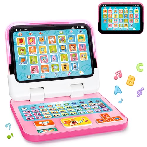 Learning Toy for Kids 1 2 3 Year Old Boys Girls, Learning Laptop for Toddlers 1-3, Interactive Educational Toys with Music Sounds Lights, Christmas Birthday Gifts for Baby Kids Age 12-18 Months, Pink