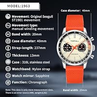 TOPHILL Classic Vintage 1963 40 mm Mechanische Herren-Fliegeruhr Chronograph mit Handaufzug, Kaliber ST1901 Seagull, Saphirglas, Gehäuse aus Edelstahl (Beige mit Silikonarmband) – Ansicht 5