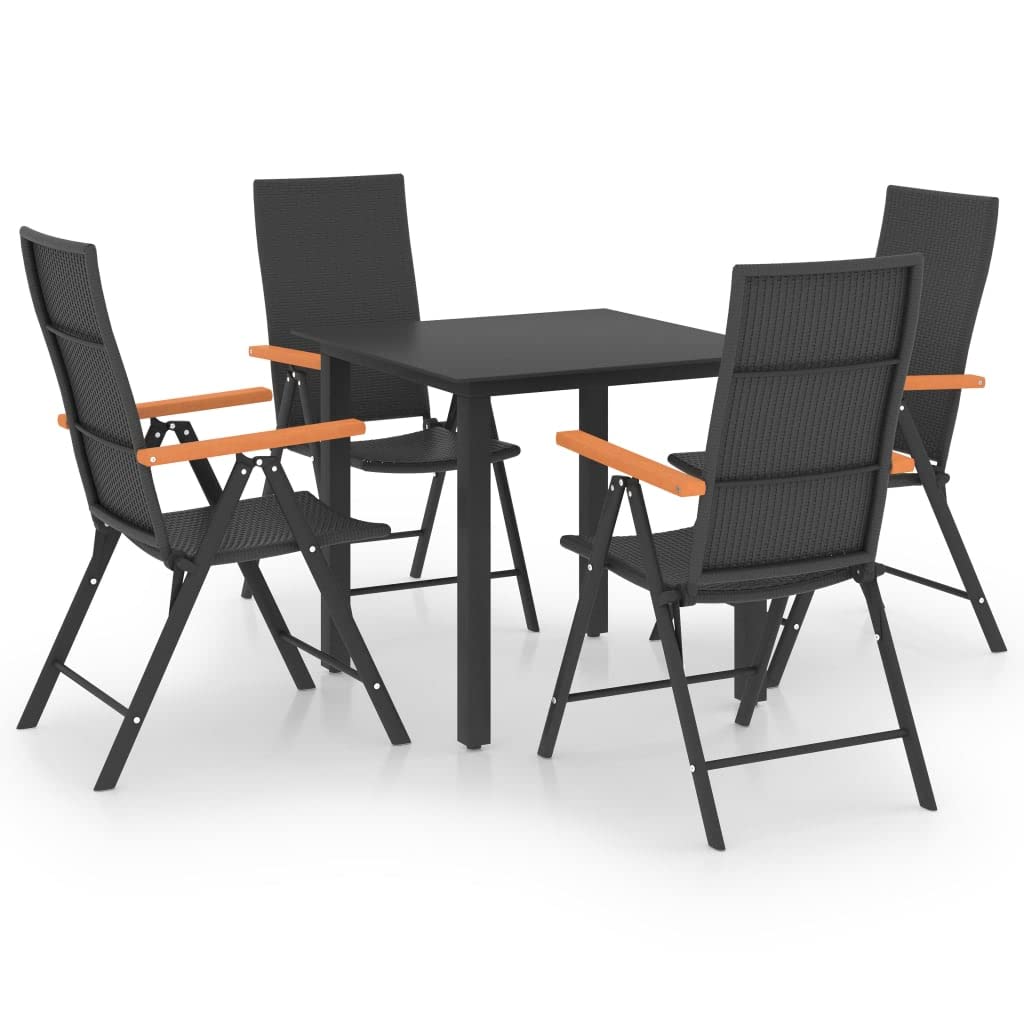 Juego de comedor industrial de 3 piezas, muebles de exterior negros y marrones con sillas reclinables ajustables y mesa superior de cristal, hechos de ratán de polietileno duradero y aluminio