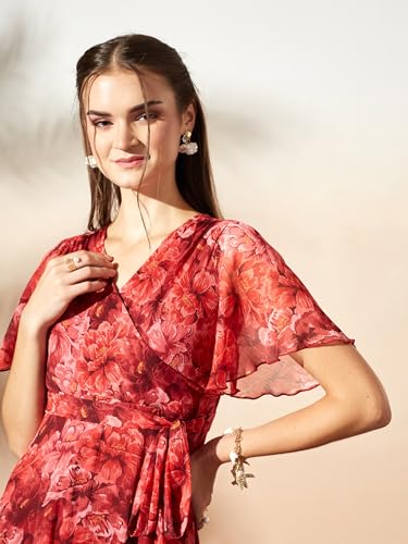 Image of Miss Chase Women's Floral V-Neck Flutter Sleeve Wrap Chiffon Maxi Dress