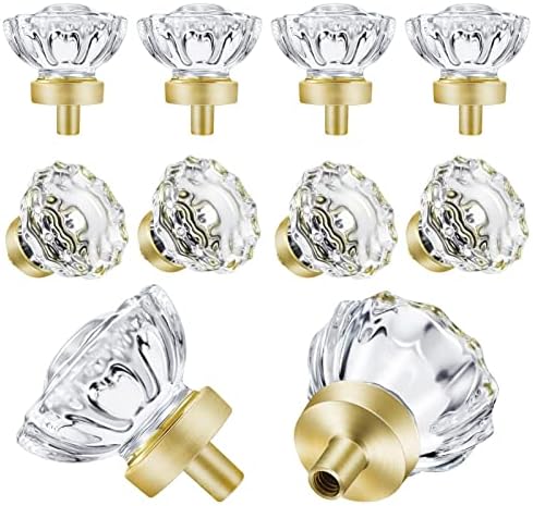 SHINY HANDLES 8 Pack Satin Brass Knobs for Cabinet, Crystal Gold Cabinet Knobs Vintage , Glass Knobs and Pulls for Dresser Drawer, Kitchen Bathroom