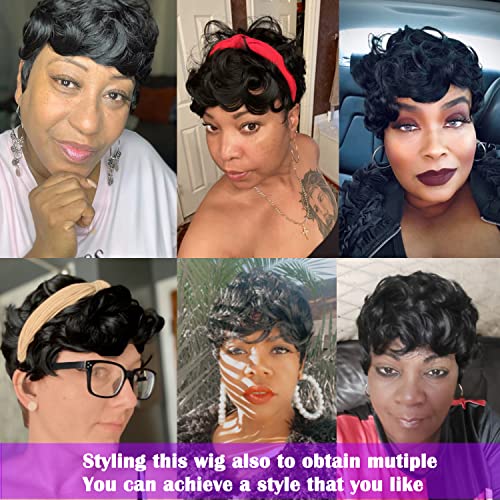 Evasens Short Curly Wigs For Black Women Pixie Cut Wig For Women Short Hair Black Wig With Bangs Synthetic Wigs Pixie Wigs For Black Women (Pluffy Curly) (1B#) #TOP2