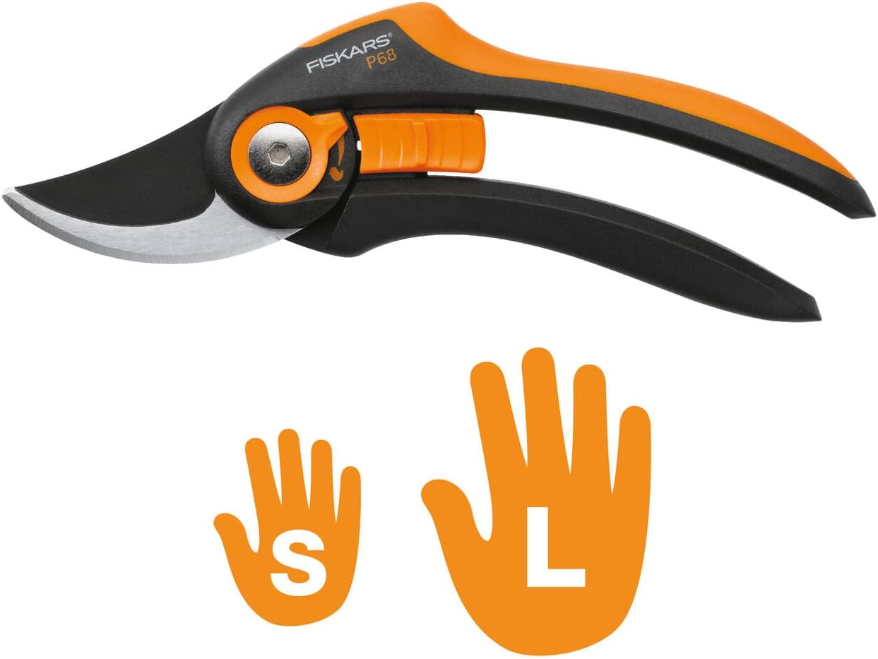 Fiskars SmartFit Pruner Bypass P68, Cutting Diameter Adjustable Up to 2.4 cm, Steel Blades with Non-stick Coating/Fiberglass ReinForced Plastic Handles, Length:20 cm, Black/Orange, 1001424