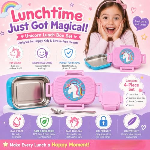 Image of PLUSPOINT Unicorn Big Steel Lunch Box | Stainless Steel Lunch Box with Inner Separate Veg Box | Leak Proof and Break Resistant | Tiffin for Kids, Adults with Snap Lock | Ideal for Office, School