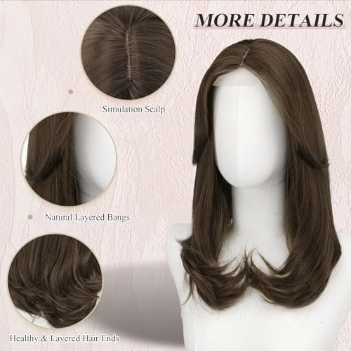 Image of FESHFEN Lace Front Hairline Wigs with Bangs, Synthetic Natural Looking Long Layered Straight Hair Wig for Women Daily Party Costume, 18 inch Medium Brown