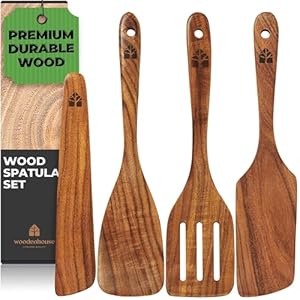 Wooden Spatula for Cooking, Kitchen Set of 4, Natural Teak Wooden Utensils including Paddle, Turner Spatula, Slotted Spatula and Wood Scraper. Nonstick cookware.