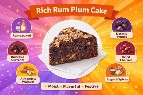 Image of MOM'S BAKERY Rich Rum Plum Cake 250g | Traditional Fruit & Nut Cake with Cashews, Almonds & Raisins | Soft, Moist & Freshly Baked | Soft & Moist Tea Cake | Made with Premium T45 Flour | Fresh Home Baked | No Egg, Vegetarian | Perfect for Tea Time & Snacking | Alcohol Mix