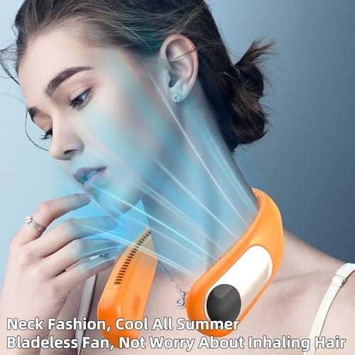 Image of Portable Neck Fan, Personal Wearable Bladeless Fan for Outdoor Indoor, LED Display, 360 Cooling, 4-Speeds, 6000mAh USB Rechargeable, Birthday Gifts for Men Women Dad Mom (Orange)