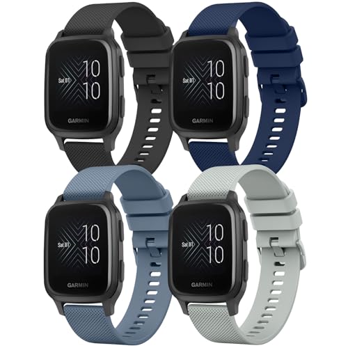 4 Pack Bands for Garmin Venu / Venu Sq 2 / Sq Music / Venu 2 Plus Watch Band, Compatible with Garmin Vivoactive 6/5/3 Watch Band, Soft Silicone Replacement Strap for Garmin Forerunner 55/158/645/245 Music SmartWatch (Black+Navy Blue+Gray+Blue Gray)