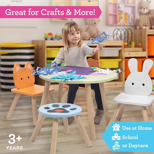 Kids-Wooden-Animal-Table-Chair-Set-w-4-Seats-Puppy-Kitten-Bunny-Plus-Adult-Stool-for-Arts-Crafts-Activity-Dining-Pretend-Play-Durable-Playroom-Furniture-for-Home-Daycare-Classroom-Toddler-Gift Kids Wooden Animal Table Chair Set w 4 Seats Puppy Kitten Bunny Plus Adult Stool for Arts Crafts Activity Dining Pretend Play Durable Playroom Furniture for Home Daycare Classroom Toddler Gift