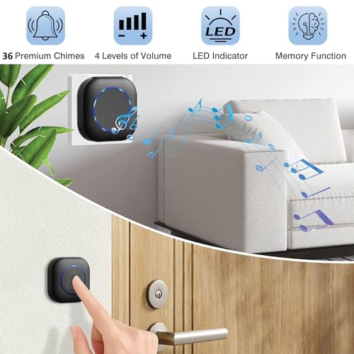 Image of Wireless Door Bell for Home and Office, Small Calling Bell for Office, Upto 1000 Feet Range with 36 Melodies Chimes, LED Flash, 3 Level Volume Doorbell Alarm (2 Transmitter & Receiver)