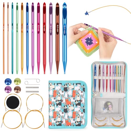 Reessy Tunisian Crochet Hooks Set Interchangeable 12 Sizes 3mm-10mm Aluminium Tunisian Crochet Hook with Cable Extra Long Interchangeable Tunisian Crochet Hooks Set for Beginners & Professionals