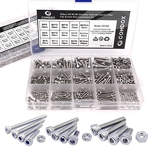 Comdox 500Pcs M3 M4 M5 Stainless Steel Button Head Hex Socket Head Cap Bolts Screws Nuts Assortment Kit (Cheese Head)
