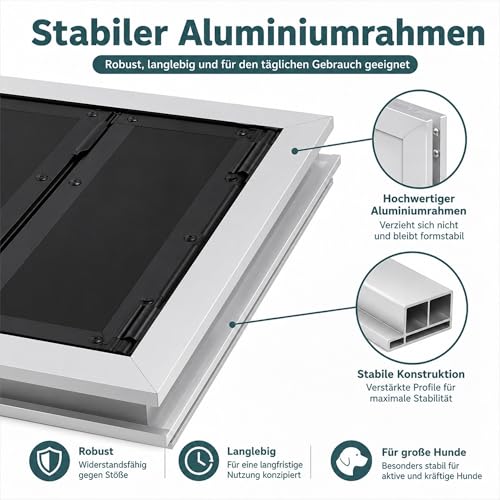 Aluminium Hundeklappe für große Hunde bis 45 kg, Hundetür groß mit 2 selbstschließenden Magnetklappen, Einschubplatte & Sicherheitsschloss, Wind- und regendicht für Tür & Wand, Silber,41 * 54cm