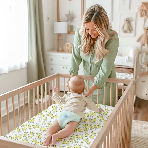 Image of Fitted Cot Crib Sheet for Baby - Lemon Print, Soft & Breathable Newborn Bedding, Deep Pocket All-Round Elastic Fitted Crib Sheet (28 inchx52 inch / 132x71 cm)