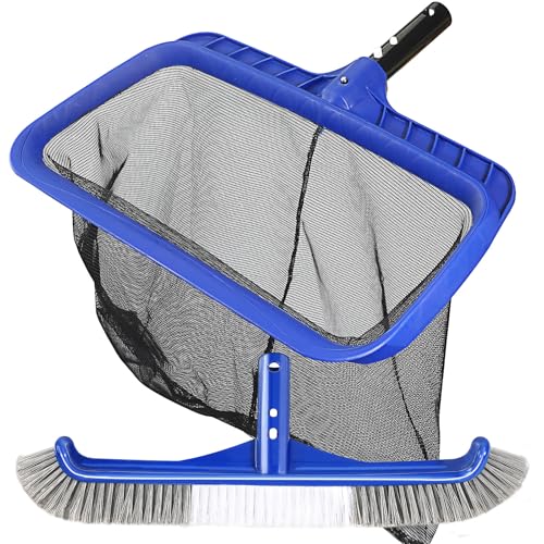 Pool Brush Head & Fine Mesh Pool Skimmer Kit17 Pool Brushes for Cleaning Pool Wall Reinforced Frame Pool Net Leaf Skimmer Cleaning Tool with Deep Fine Nylon Mesh Net Bag for Fast Cleaning