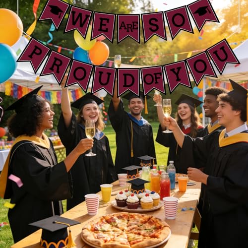 Image of Maroon We Are So Proud Of You Banner Congrats Grad Cap Bunting Flag Grad Party Decoration Idea